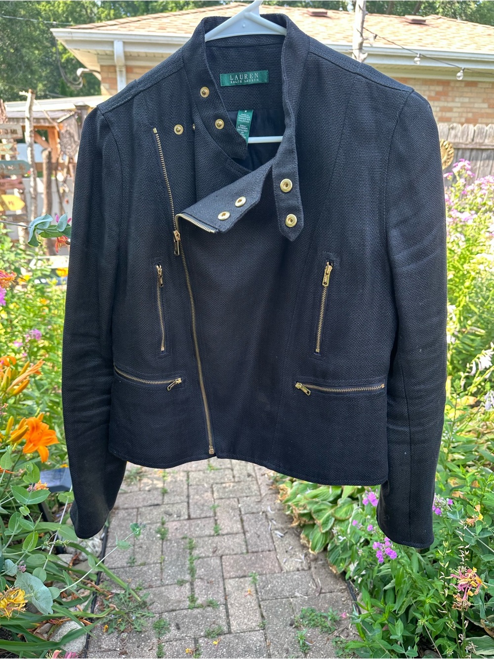 Ralph Lauren Black Textured Moto Jacket with Gold Hardware Accents